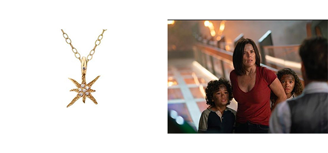 Fine Jewelry Designer Katrina Kelly Designs Charm Necklace Worn by Neve Campbell in Summer Blockbuster Movie Skyscraper